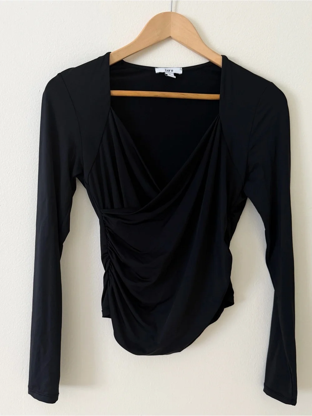 Bar III Black Draped Long Sleeve Top with Side Ruching